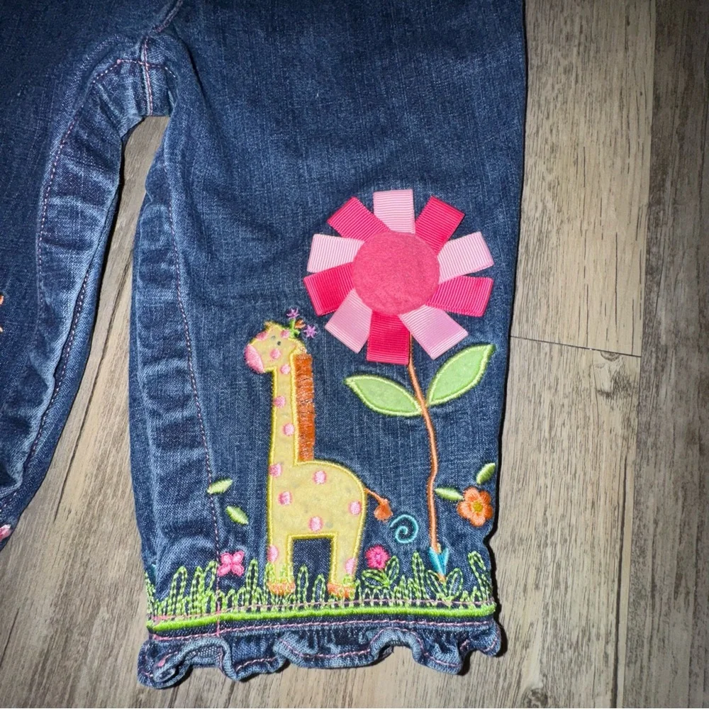 Vintage Talbots Kids Denim Romper with Pink and Green Embroidery